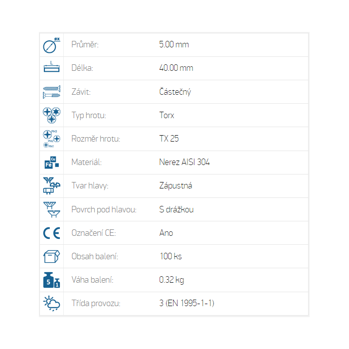 Vrut terasový nerez A2 5x40 mm